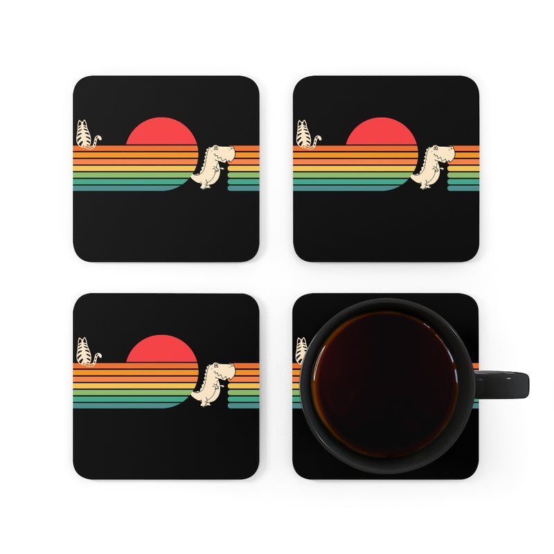 Cat, Tyrannosaurus, Sunset Corkwood Coaster Set of 4