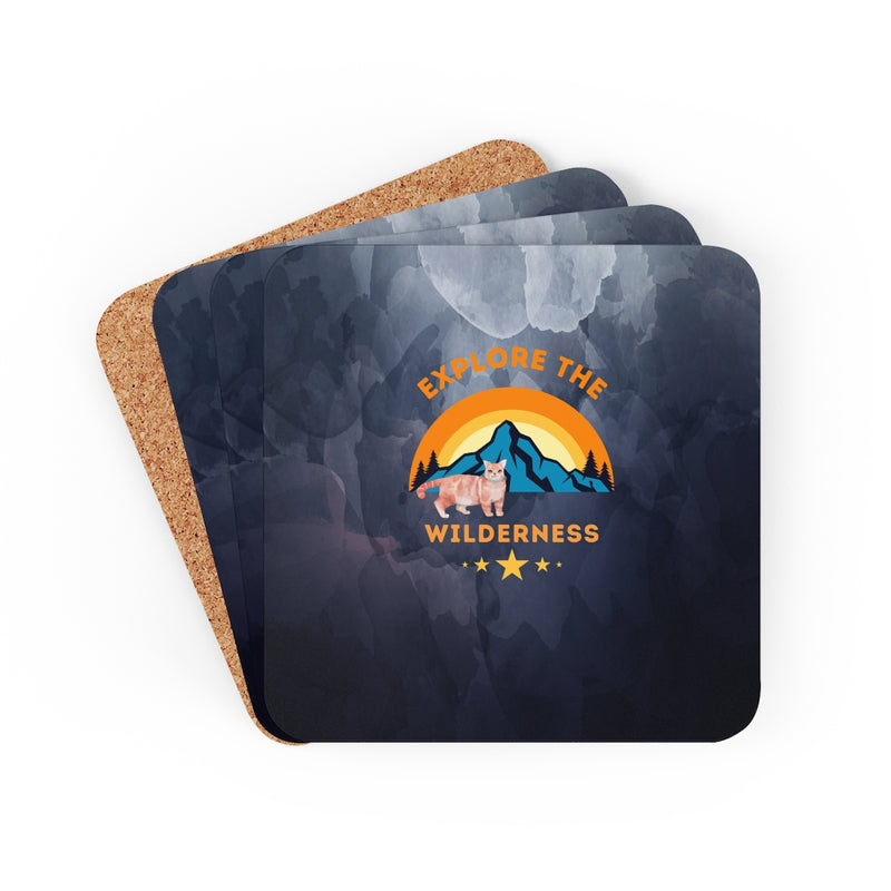 Explore the Wilderness Cat Corkwood Coaster Set of 4