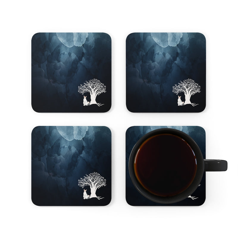 Tree and Cat Corkwood Coaster Set of 4