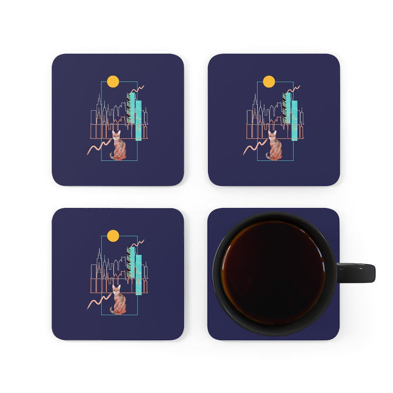 Buildings and Cat Corkwood Coaster Set of 4 - Sinna Get