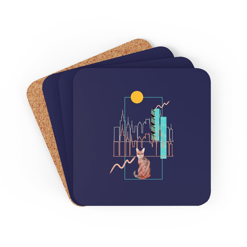 Buildings and Cat Corkwood Coaster Set of 4 - Sinna Get