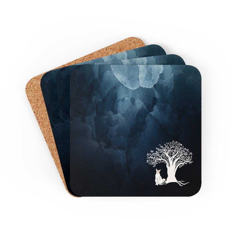 Tree and Cat Corkwood Coaster Set of 4