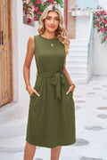 Round Neck Tie Belt Sleeveless Dress with Pockets