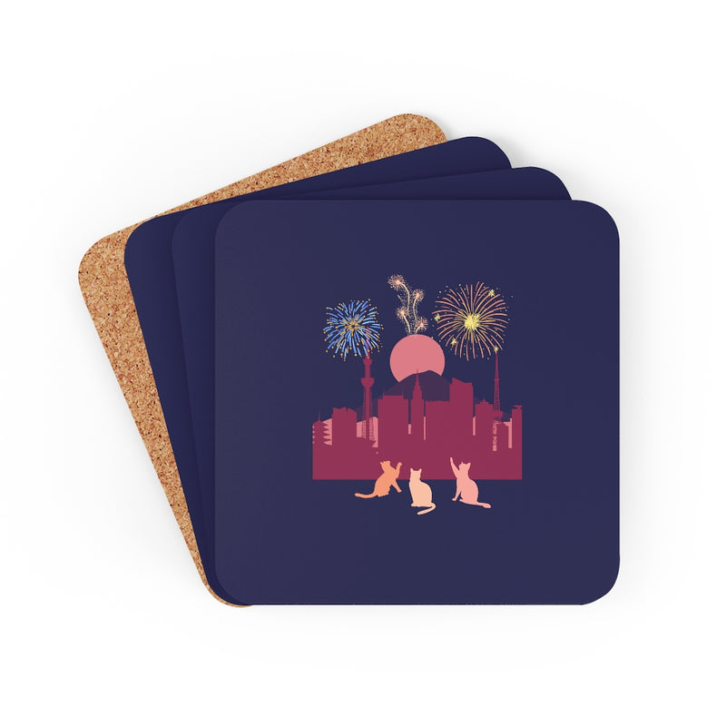 Fireworks and Cats Corkwood Coaster Set of 4 - Sinna Geta