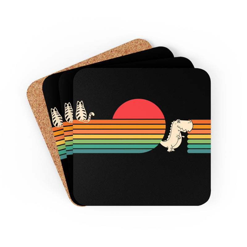 Cat, Tyrannosaurus, Sunset Corkwood Coaster Set of 4