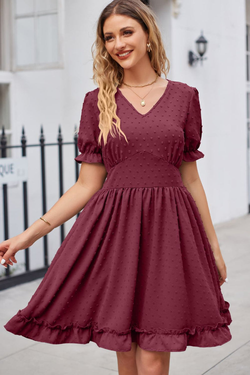 Swiss Dot Frill Trim Flounce Sleeve V-Neck Dress