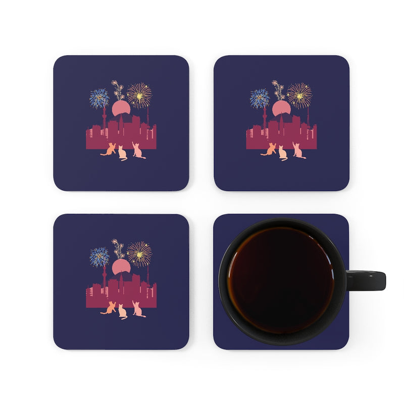 Fireworks and Cats Corkwood Coaster Set of 4 - Sinna Geta